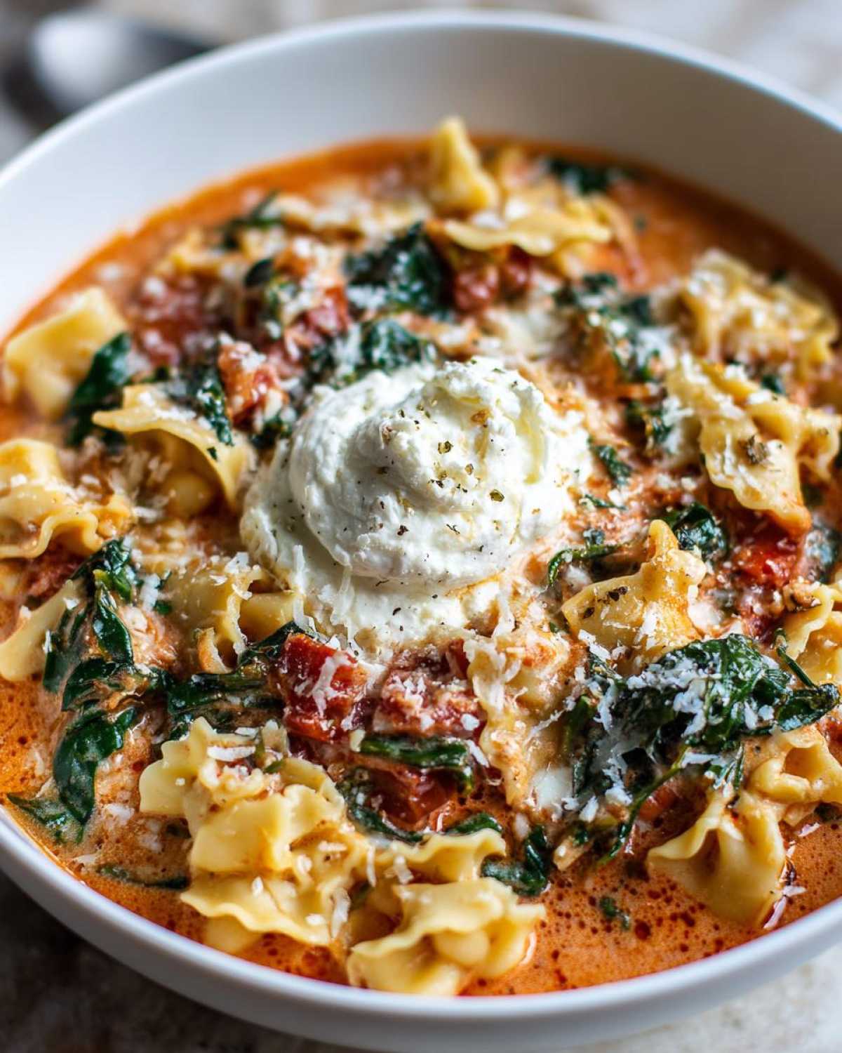 A close-up bowl of rich, creamy lasagna soup featuring pasta, spinach, tomato chunks, and a large dollop of ricotta cheese.