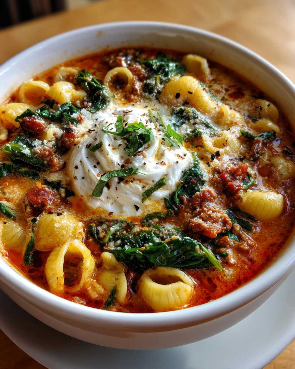 A close-up of a steaming bowl of creamy lasagna soup, featuring pasta shells, spinach, meat sauce, and a dollop of ricotta cheese.