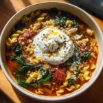 Overhead view of a bowl of creamy lasagna soup featuring pasta, spinach, tomato sauce, and a large dollop of ricotta cheese.