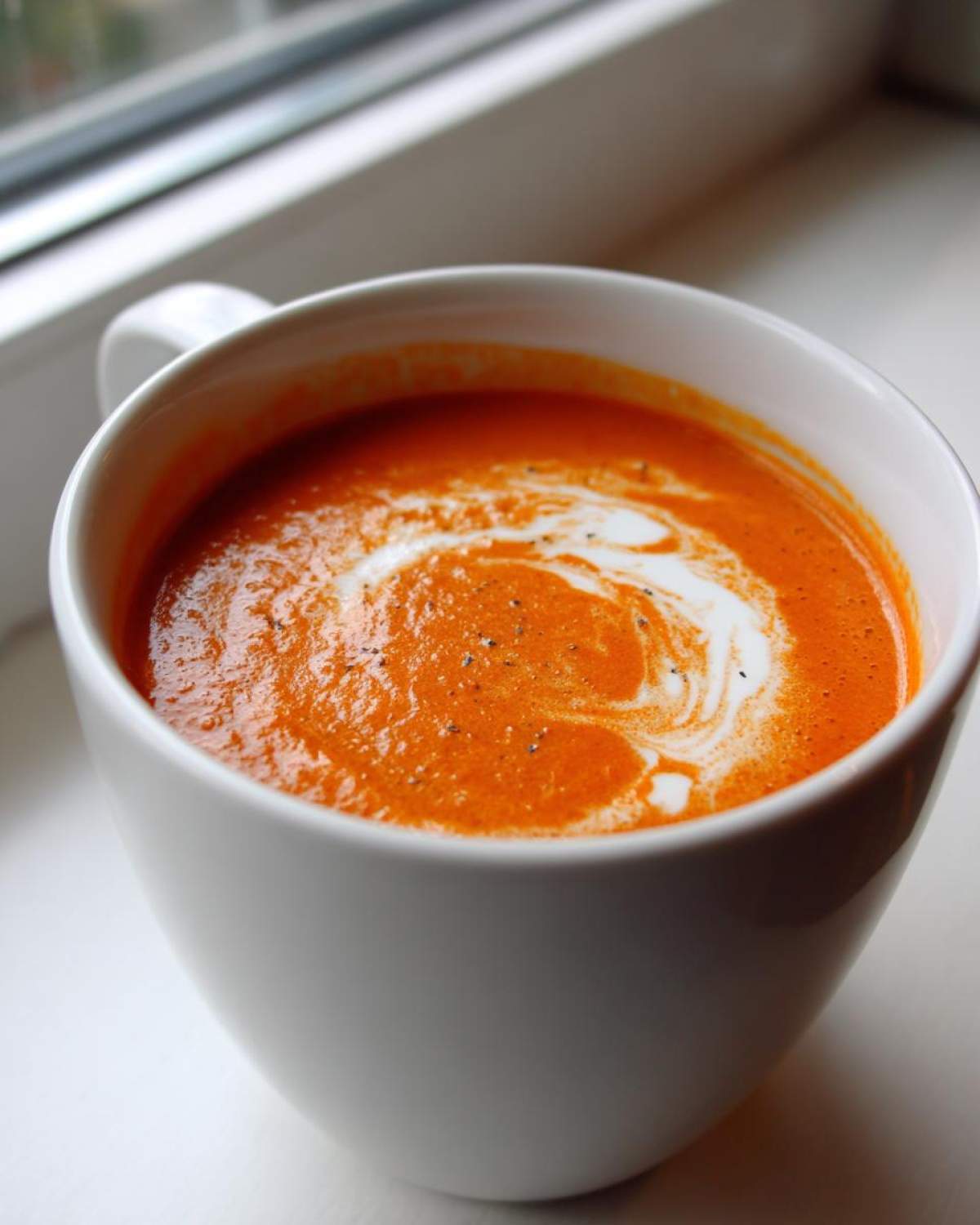 Close-up of vibrant orange roasted tomato soup topped with a swirl of cream and black pepper.