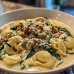 A close-up of a white bowl filled with creamy sausage tortellini soup, topped with crumbled sausage, Parmesan, and spinach.