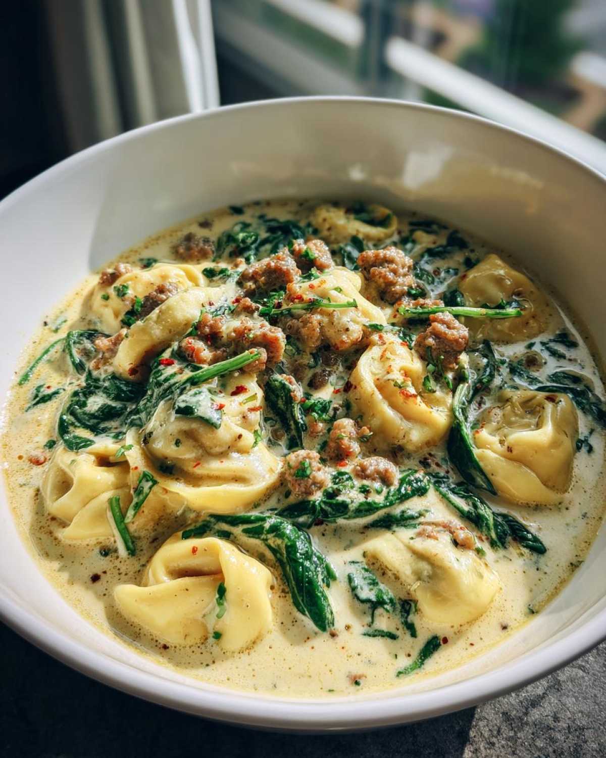A close-up of a white bowl filled with creamy sausage tortellini soup featuring spinach and garnished with herbs.