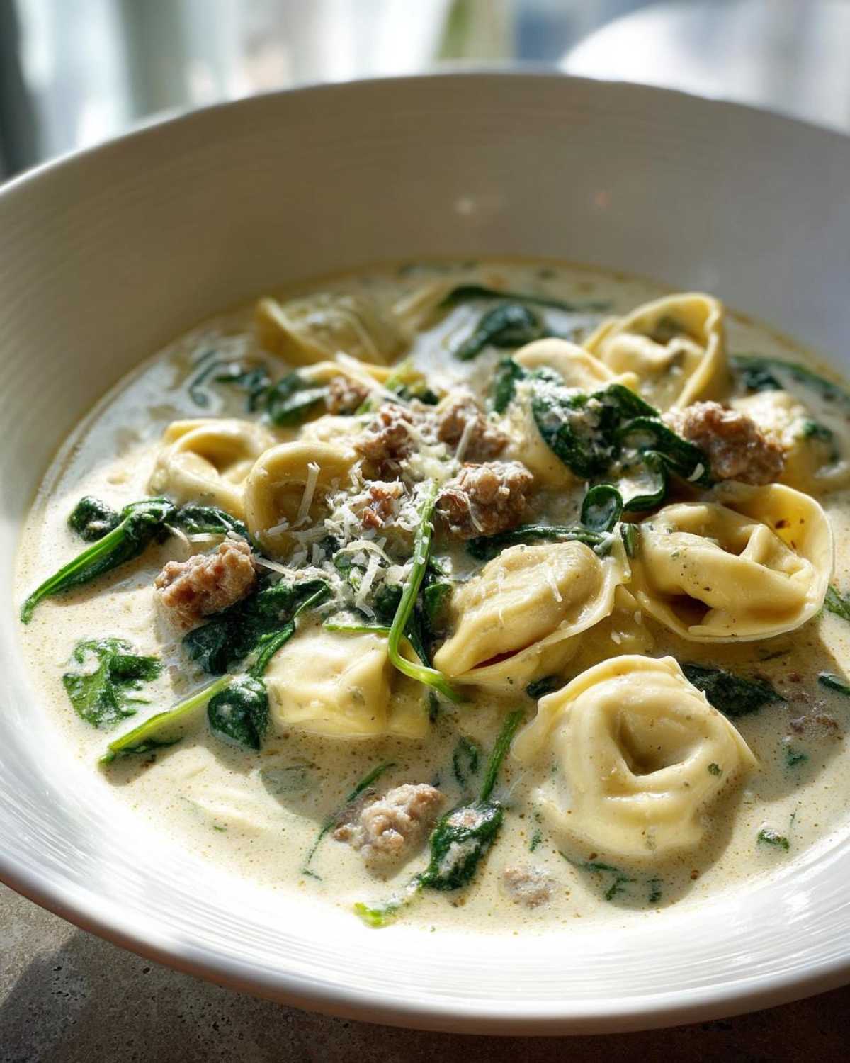 Close-up of a white bowl filled with creamy sausage tortellini soup, featuring tortellini, crumbled sausage, and wilted spinach.