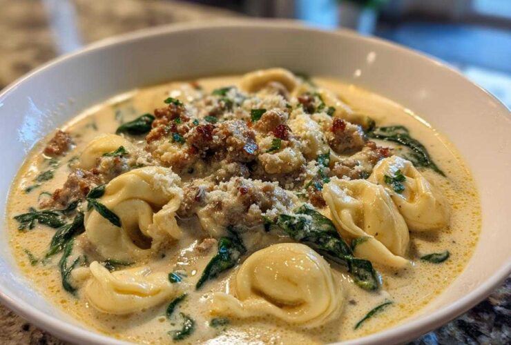 A close-up of a white bowl filled with creamy sausage tortellini soup, topped with crumbled sausage, Parmesan, and spinach.
