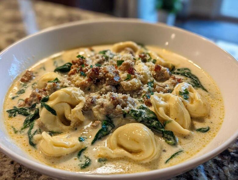 A close-up of a white bowl filled with creamy sausage tortellini soup, topped with crumbled sausage, Parmesan, and spinach.