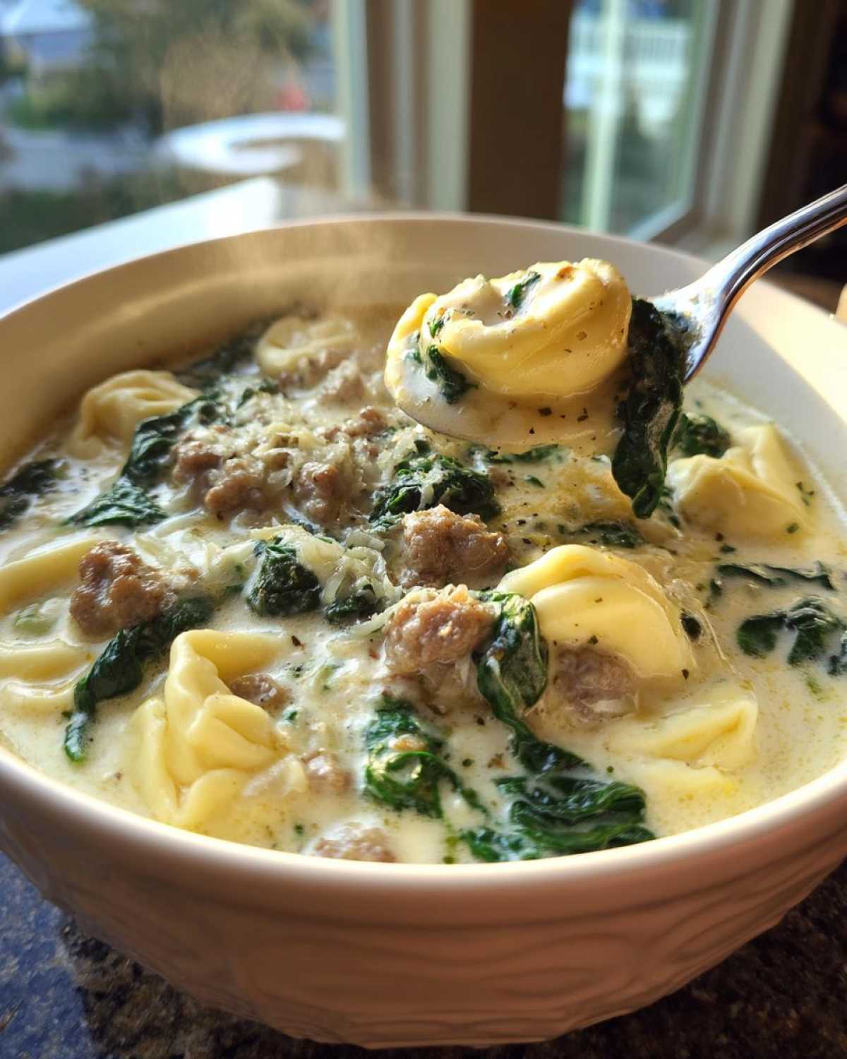 A spoonful of steaming creamy sausage tortellini soup lifted from a white bowl, showing tortellini, crumbled sausage, and wilted spinach.