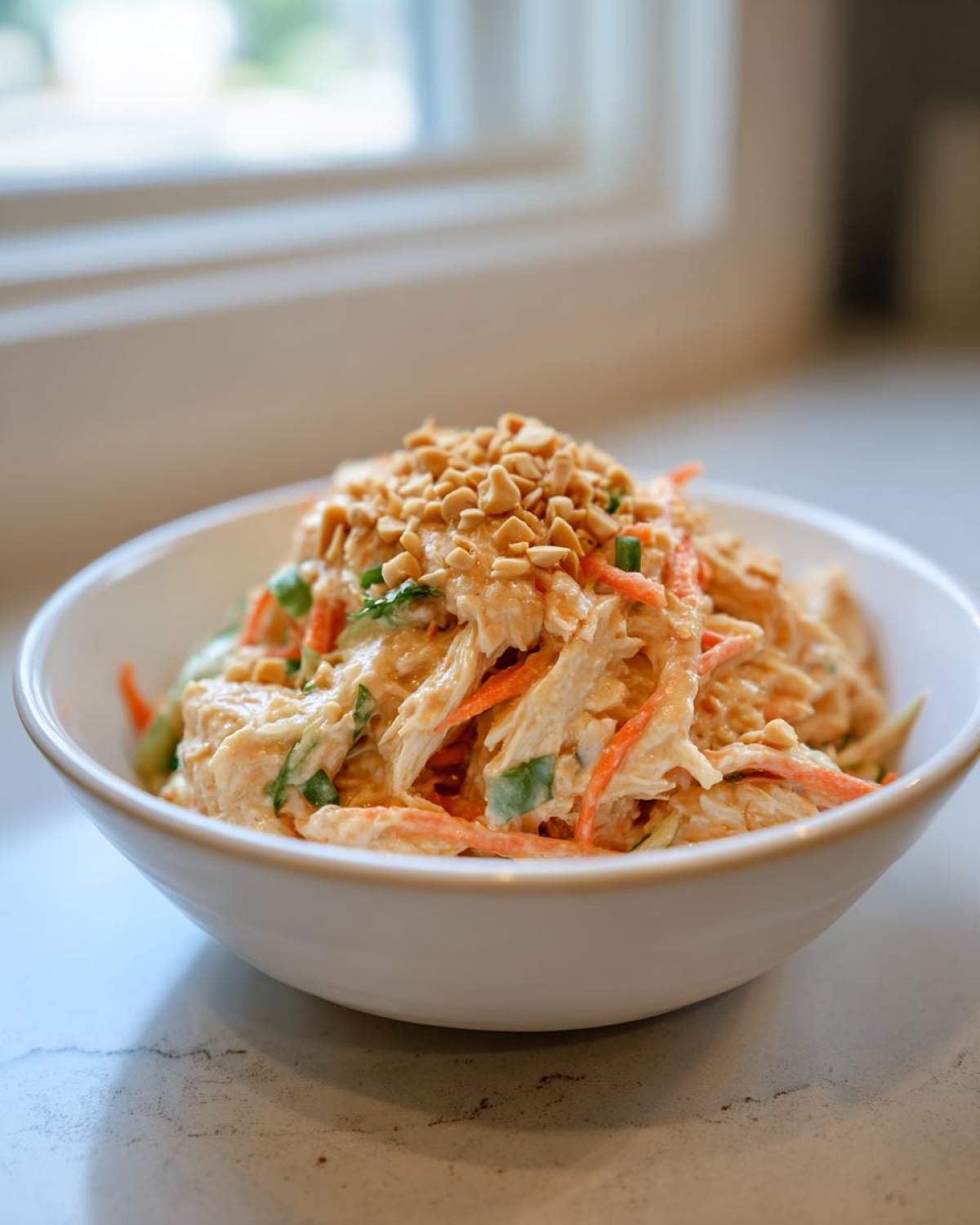 A bowl of creamy thai chicken salad mixed with shredded carrots and topped with chopped peanuts.