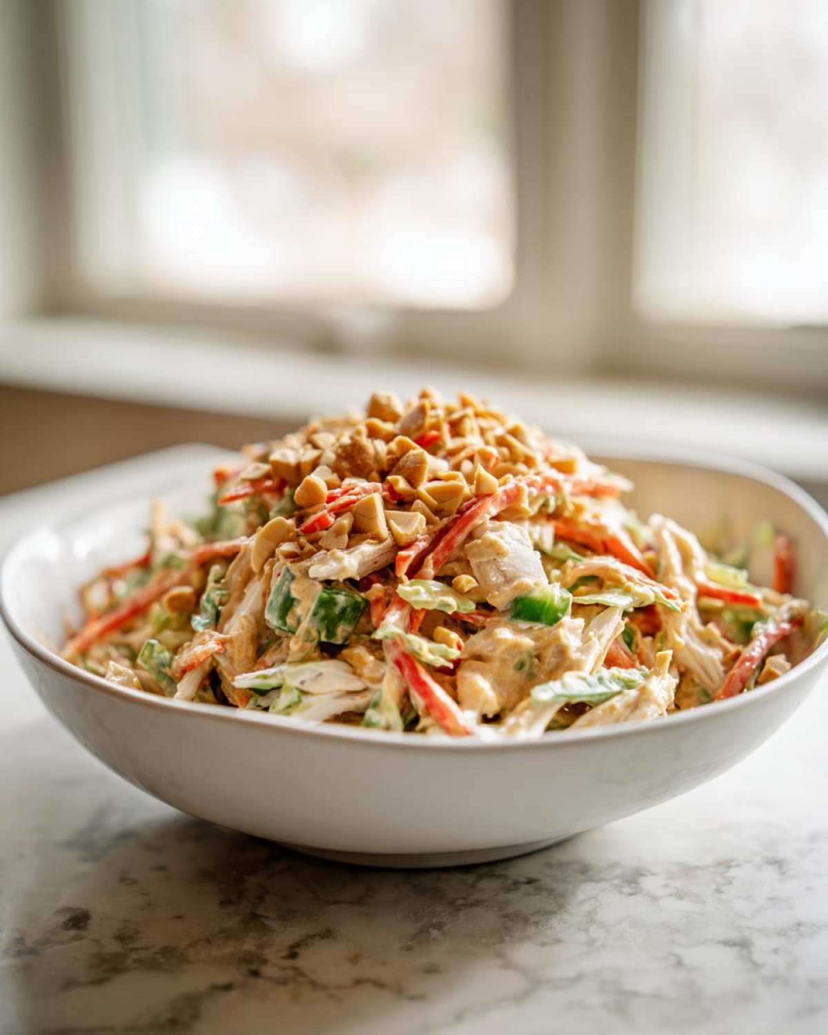 A white bowl filled with creamy thai chicken salad mixed with shredded vegetables and topped generously with chopped peanuts.