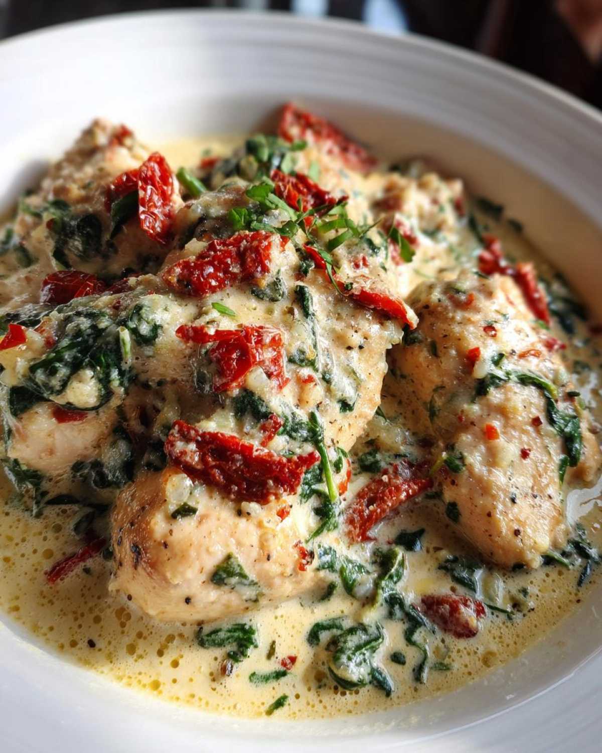 Close-up of tender chicken breasts smothered in a rich, creamy Tuscan sauce with spinach and sun-dried tomatoes, featuring creamy tuscan chicken.