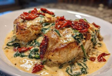 Two perfectly seared pieces of creamy Tuscan chicken covered in a rich cream sauce with spinach and sun-dried tomatoes.