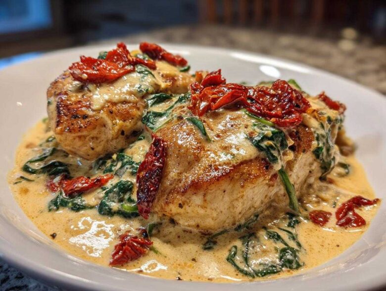 Two perfectly seared pieces of creamy Tuscan chicken covered in a rich cream sauce with spinach and sun-dried tomatoes.