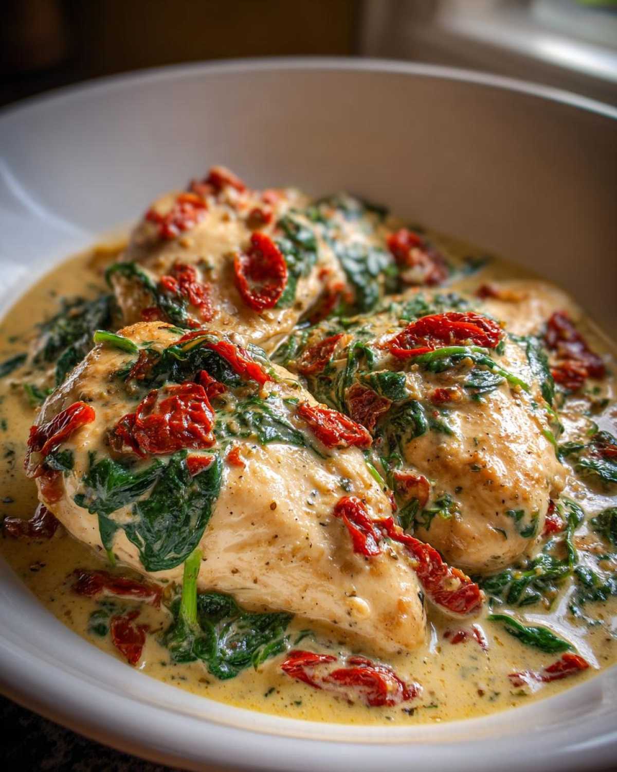 Three chicken breasts smothered in a rich, creamy sauce with spinach and sun-dried tomatoes, representing the creamy tuscan chicken dish.