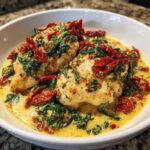 Two pieces of creamy Tuscan chicken smothered in a rich, yellow cream sauce with spinach and sun-dried tomatoes.