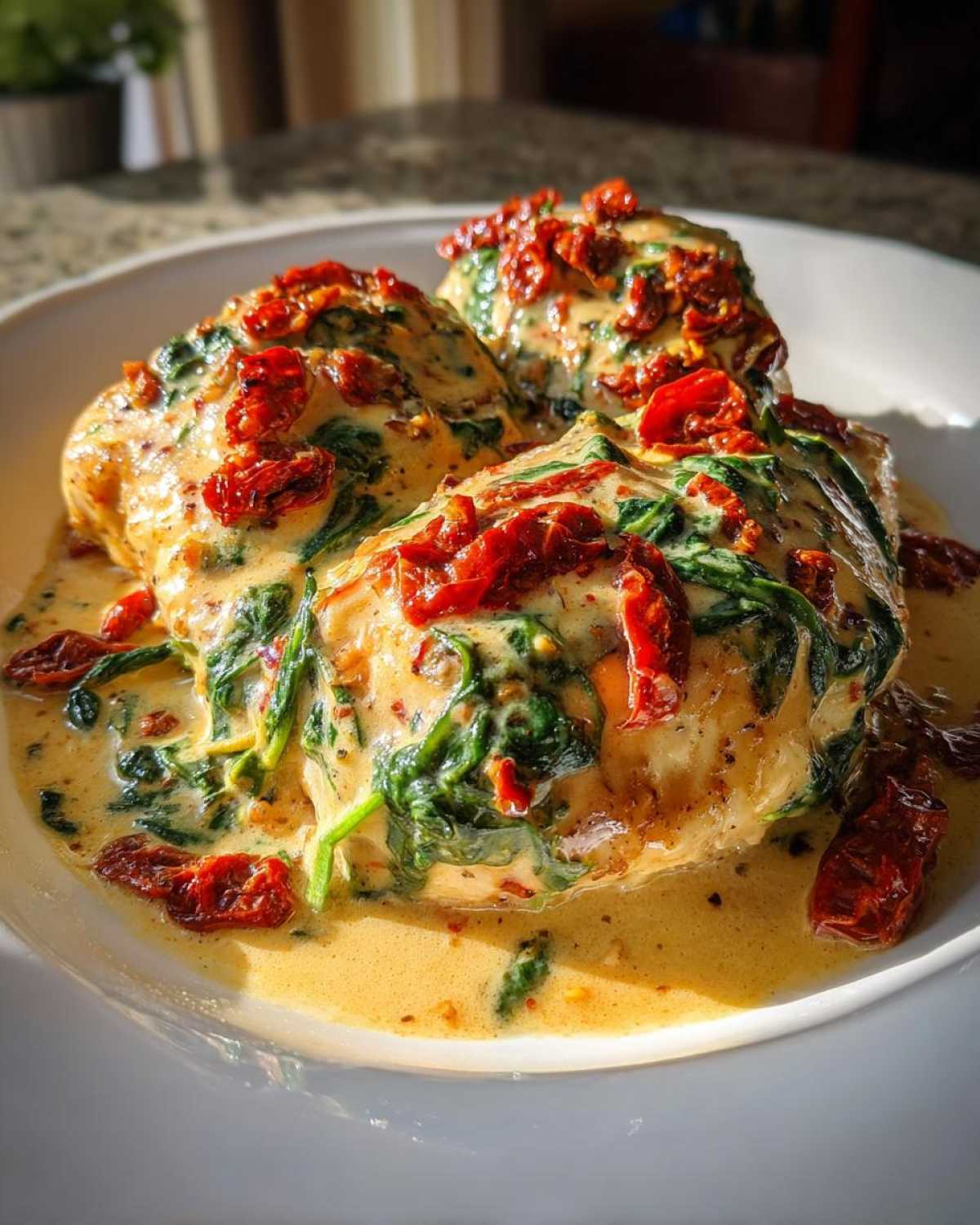 Three pieces of creamy Tuscan chicken smothered in a rich sauce with spinach and sun-dried tomatoes.