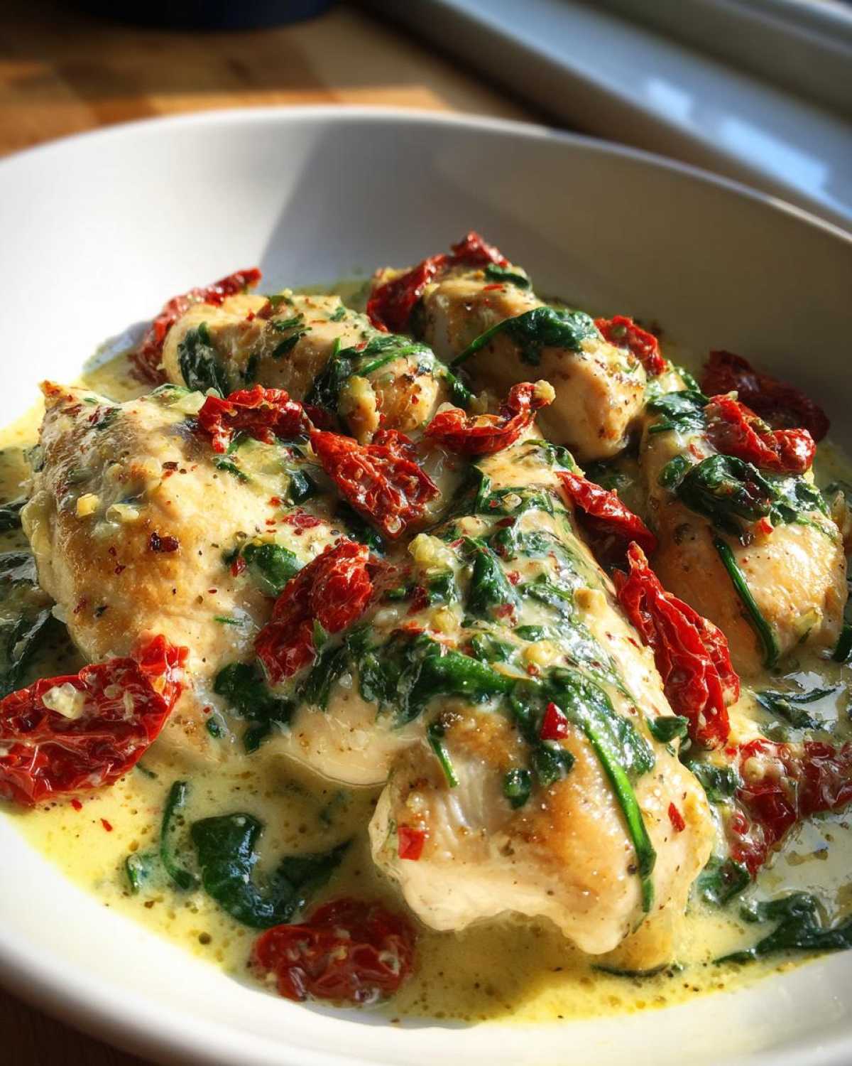 Close-up of creamy Tuscan chicken pieces smothered in a rich, yellow cream sauce with spinach and bright red sun-dried tomatoes.
