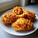 Four pieces of golden brown, crispy air fryer fried chicken piled on a light blue plate.