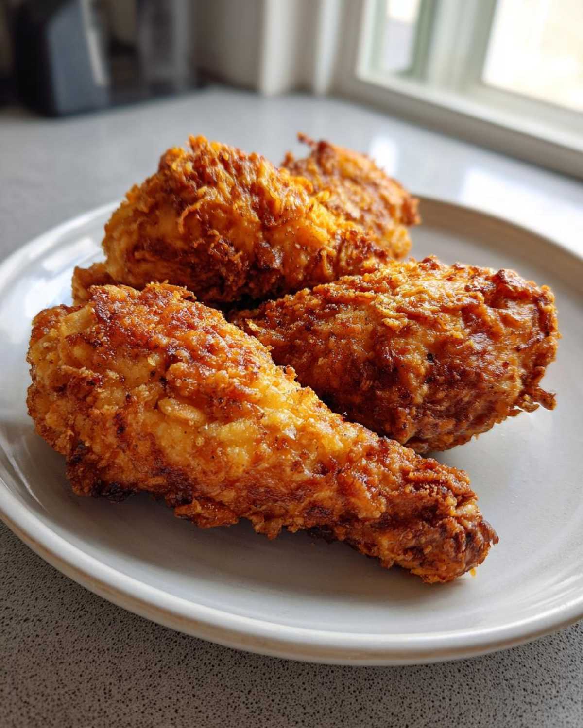Three pieces of golden brown, crispy air fryer fried chicken resting on a light gray plate.