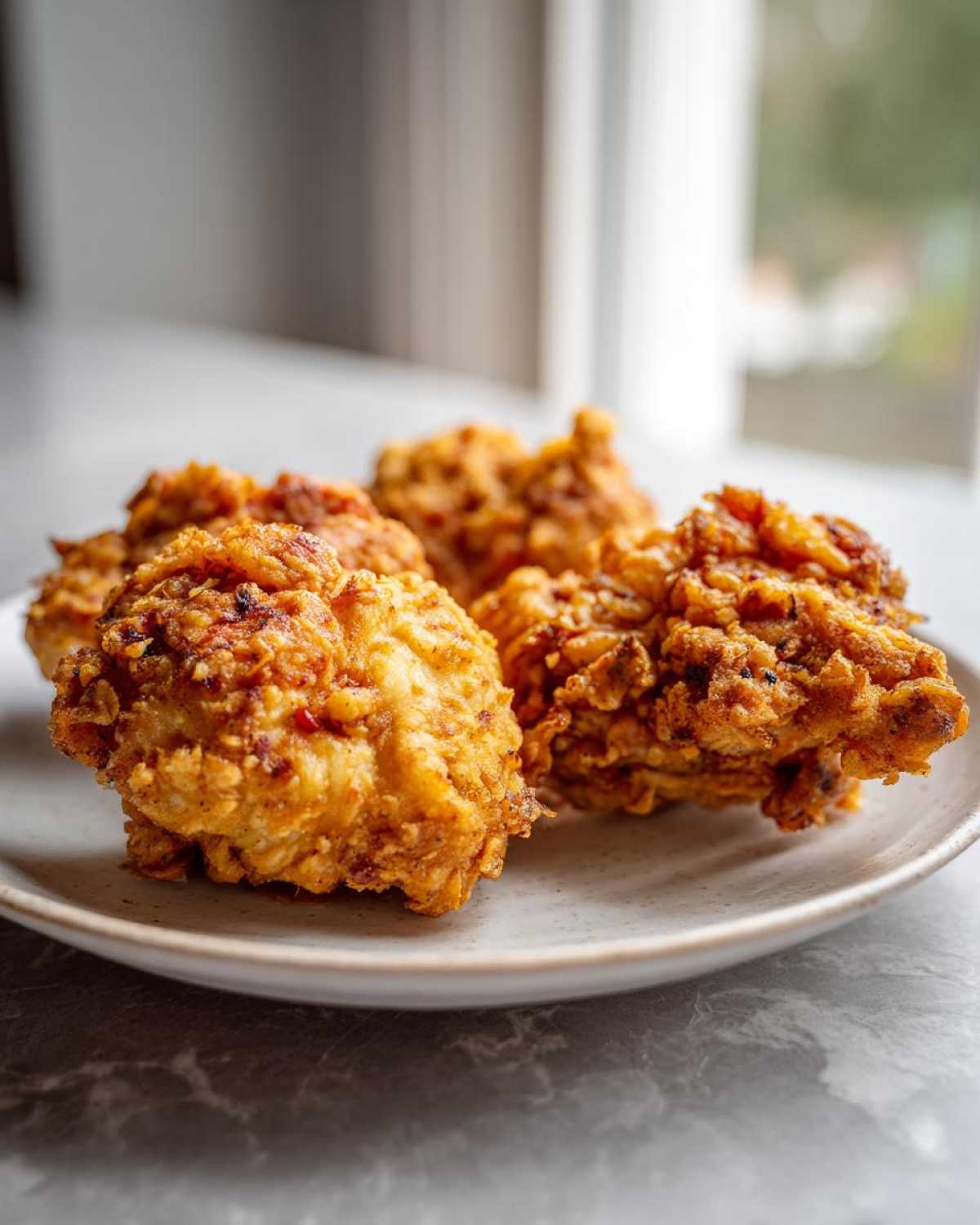 Close-up of several pieces of crispy, golden-brown air fryer fried chicken resting on a light-colored plate.