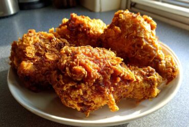 Four pieces of golden brown, crispy air fryer fried chicken piled on a white plate.