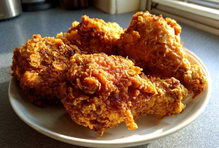 Four pieces of golden brown, crispy air fryer fried chicken piled on a white plate.