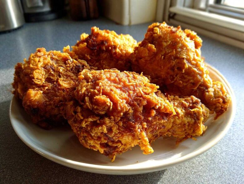 Four pieces of golden brown, crispy air fryer fried chicken piled on a white plate.