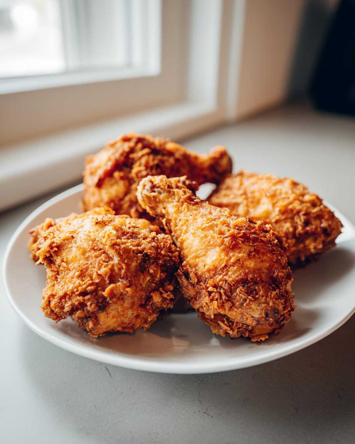 Four pieces of golden brown, crispy air fryer fried chicken served on a white plate near a window.