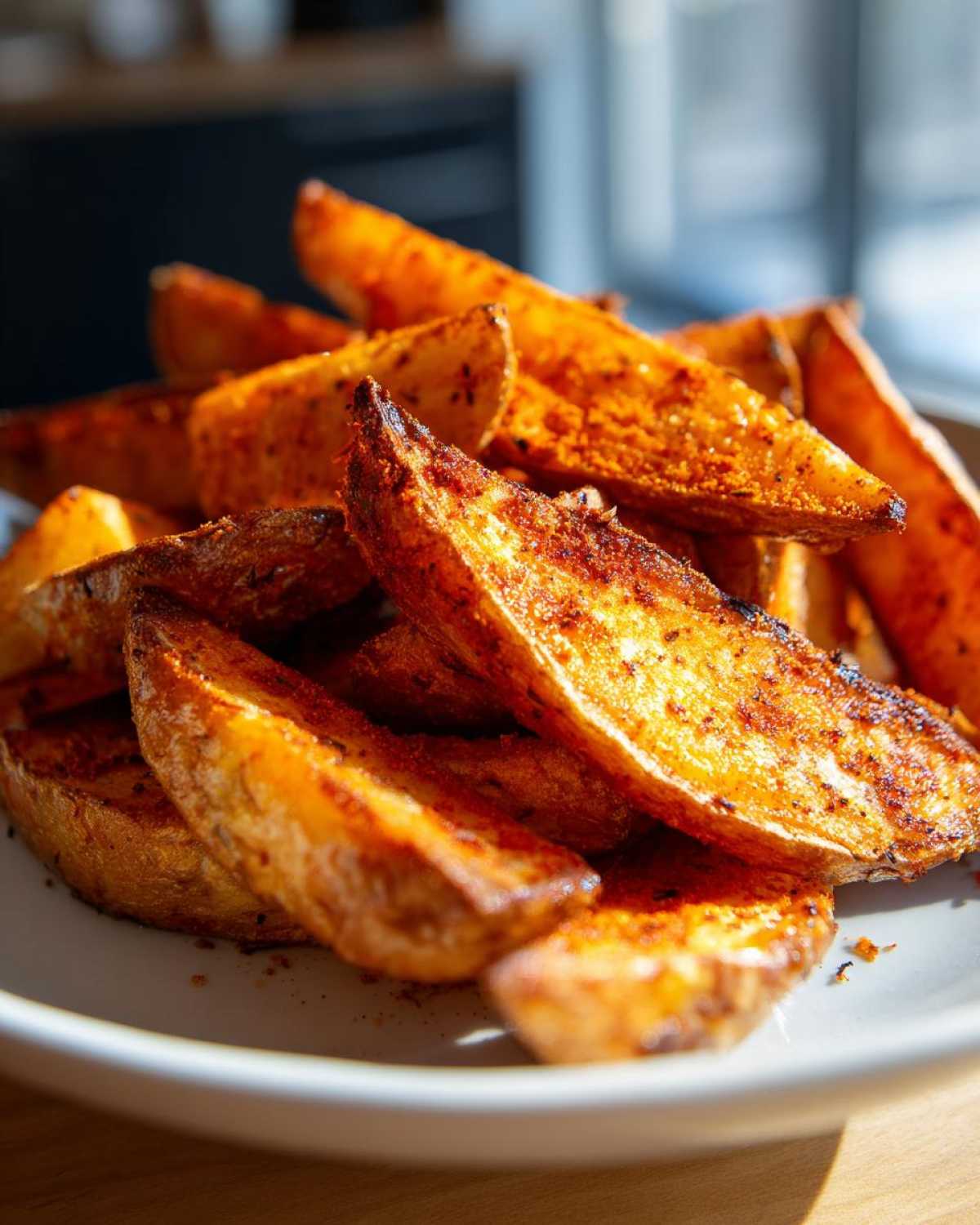 Close-up of a pile of perfectly seasoned and crispy air fryer potato wedges on a white plate.