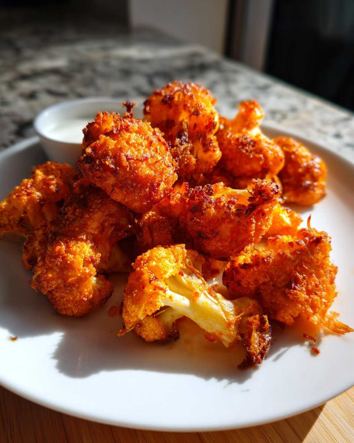 A pile of crispy, orange-red buffalo cauliflower bites served on a white plate with a side of dipping sauce.