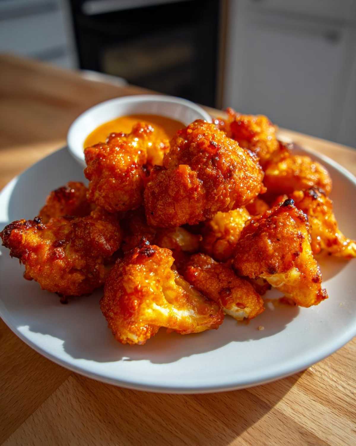 A plate piled high with crispy, orange-glazed buffalo cauliflower bites served with a small bowl of dipping sauce.