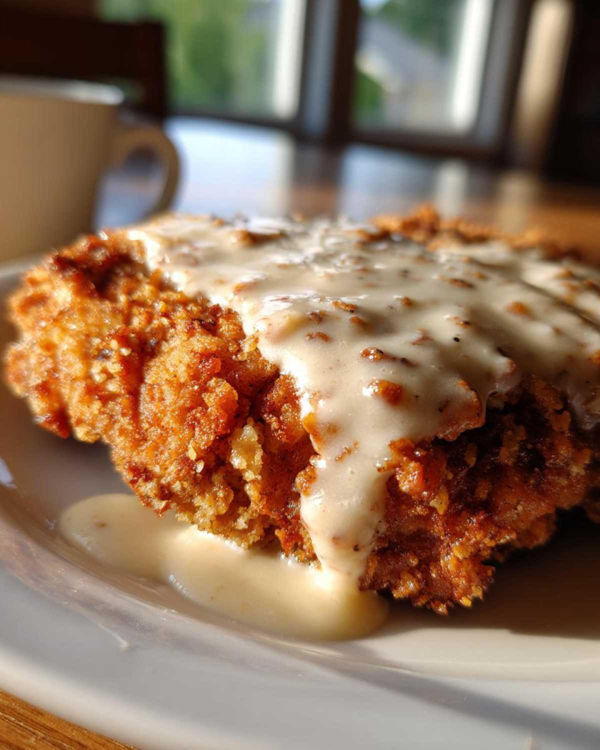 Close-up of a golden brown, crispy chicken fried steak smothered in white country gravy.