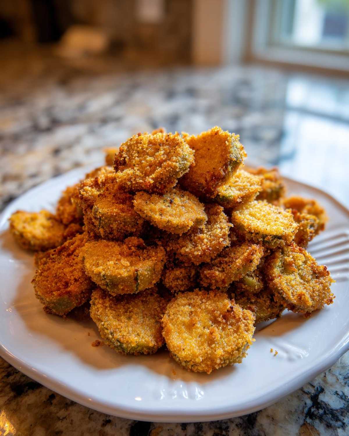 A tall pile of golden brown, crispy fried okra slices served on a white plate.