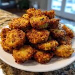 A large mound of golden brown, crispy fried okra slices served on a white plate.