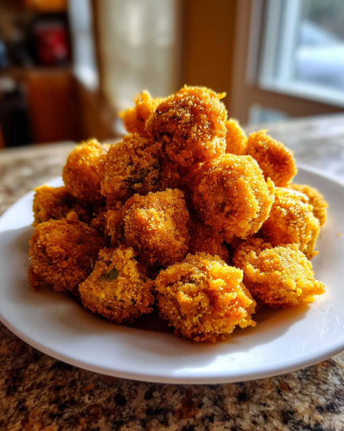 A close-up of a mound of golden-brown, crispy fried okra pieces served on a white plate.