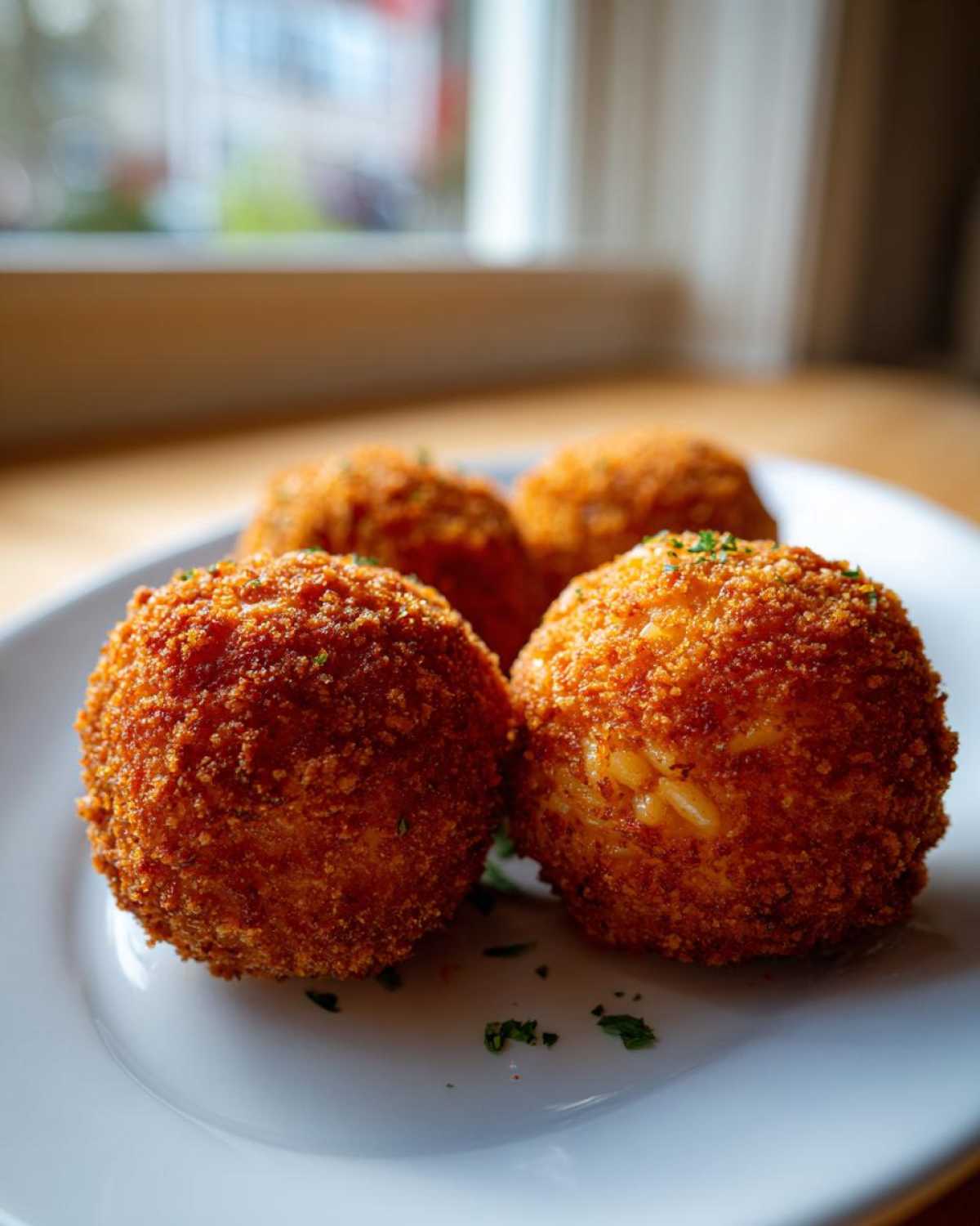 Close-up of four golden brown, crispy fried rice balls garnished with parsley on a white plate.