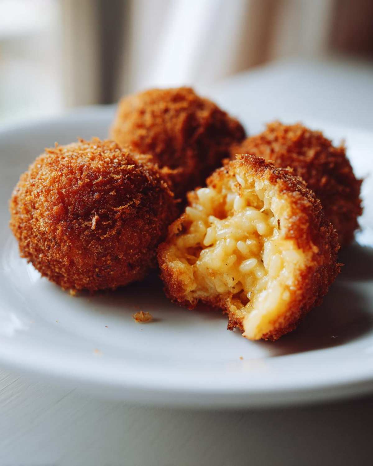Four golden-brown, crispy fried rice balls served on a white plate, one is broken open showing the creamy rice filling.