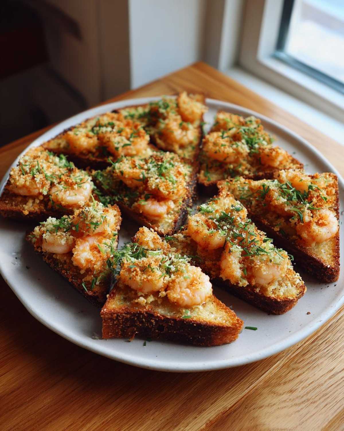 Several triangular pieces of crispy shrimp toast topped with seasoned shrimp and chopped green herbs on a light gray plate.