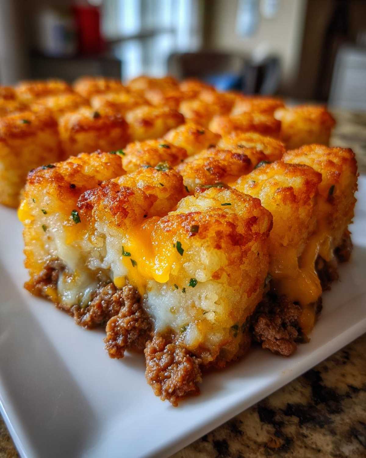 A close-up, cross-section view of a serving of tater tot casserole showing crispy tots, melted cheese, and ground meat filling.