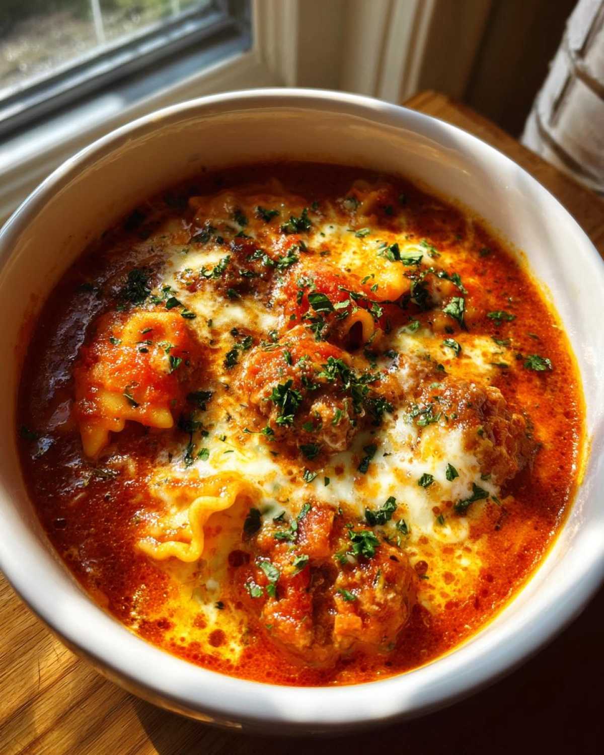 Close-up of a hearty bowl of crockpot lasagna soup, featuring rich tomato broth, pasta pieces, melted cheese, and fresh parsley.