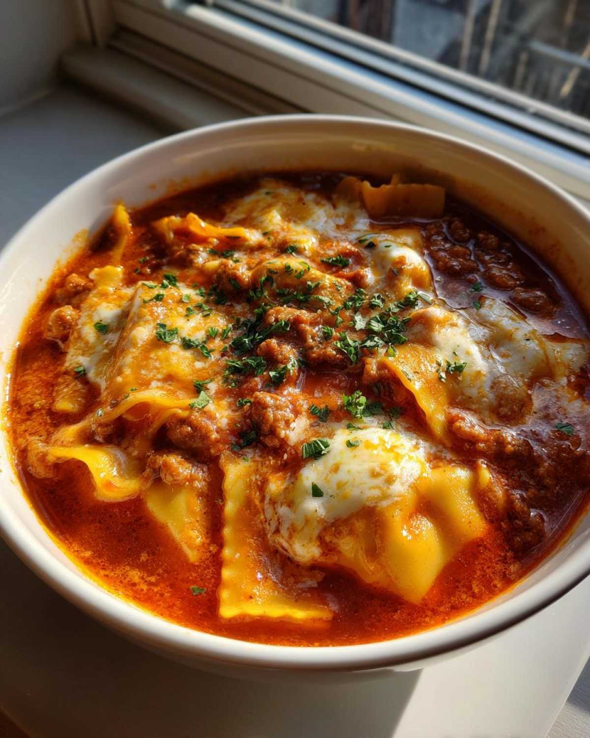 A close-up of a white bowl filled with rich, red crockpot lasagna soup, featuring pasta, meat sauce, and melted mozzarella cheese, garnished with parsley.