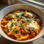 A close-up of a warm bowl of crockpot lasagna soup topped with melted cheese and fresh parsley.