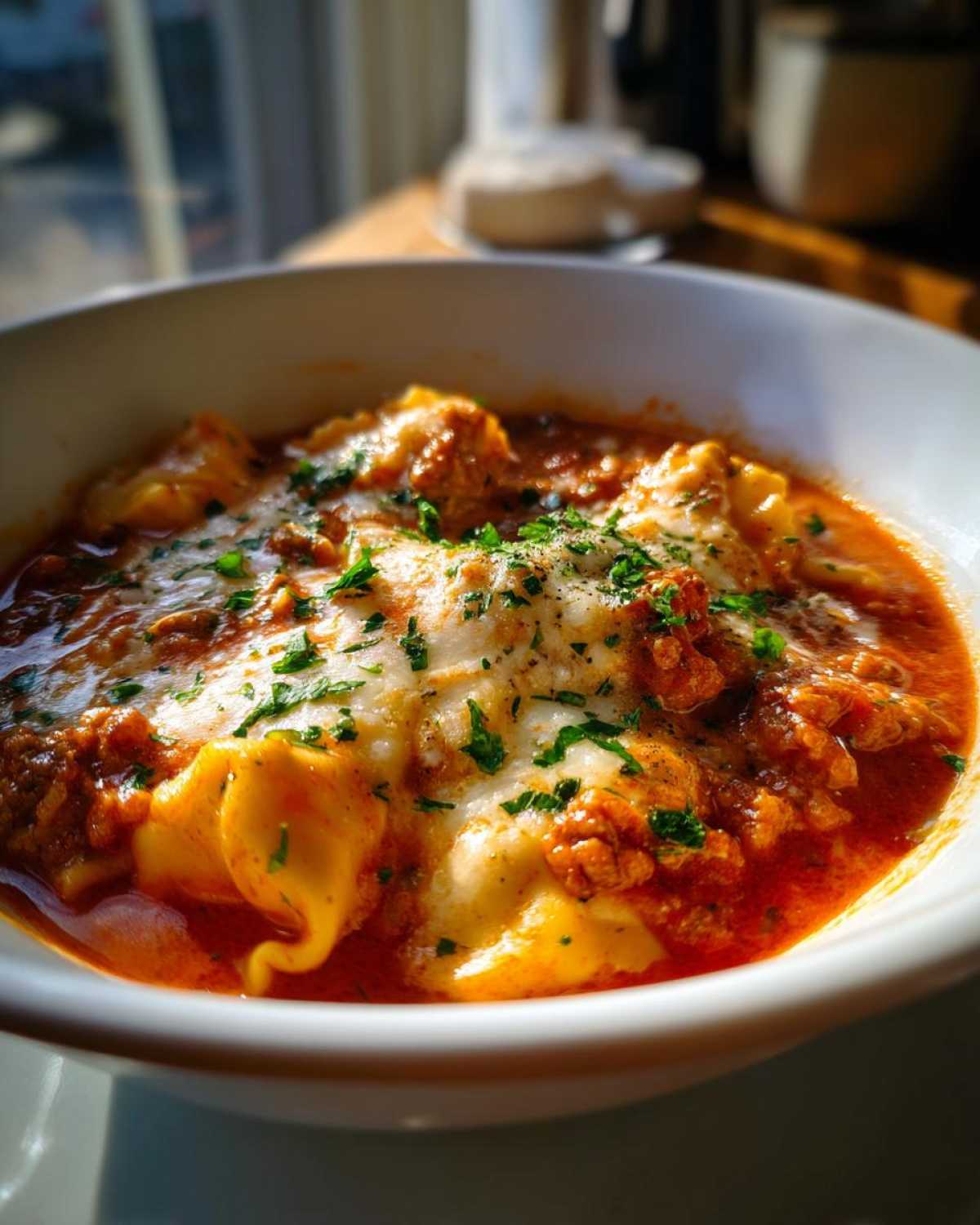 Close-up of a hearty bowl of crockpot lasagna soup topped with melted mozzarella and fresh parsley.