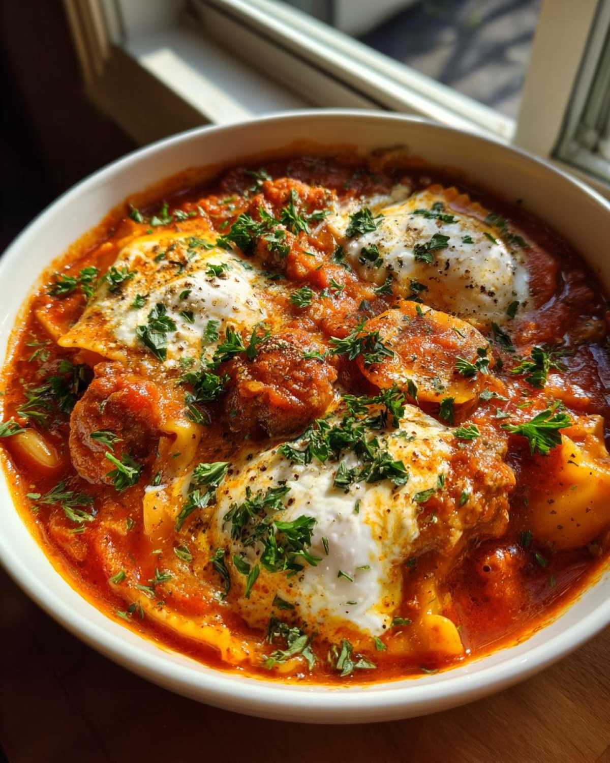 A close-up bowl of rich crockpot lasagna soup topped with poached eggs, meatballs, and fresh parsley.