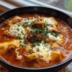 Close-up of a rich, red crockpot lasagna soup featuring lasagna noodles, meat sauce, dollops of white cheese, and fresh parsley.