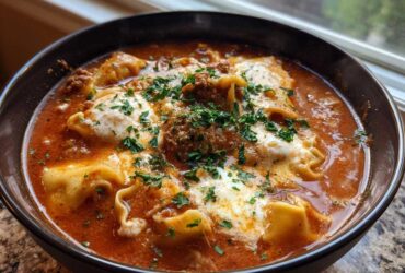 Close-up of a rich, red crockpot lasagna soup featuring lasagna noodles, meat sauce, dollops of white cheese, and fresh parsley.