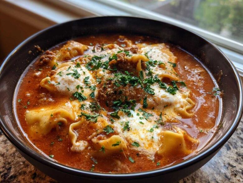 Close-up of a rich, red crockpot lasagna soup featuring lasagna noodles, meat sauce, dollops of white cheese, and fresh parsley.
