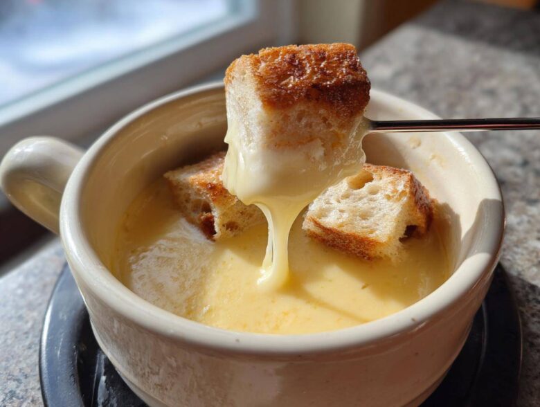 A piece of toasted bread is dipped into a creamy, yellow cheese fondue using a fondue fork.