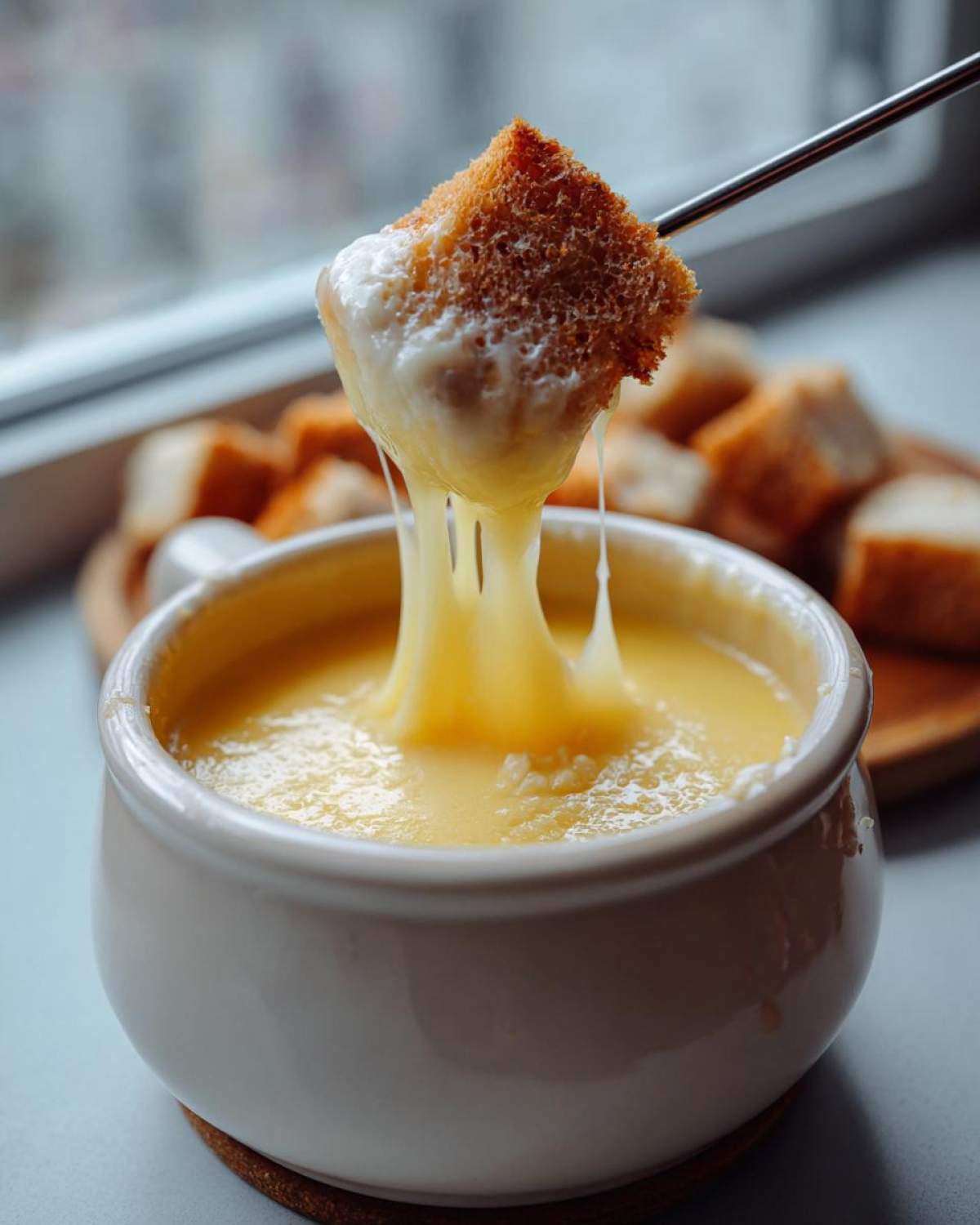 A piece of bread dripping with melted cheese is lifted from a pot of smooth cheese fondue.