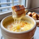 A piece of toasted bread is dipped into a white bowl of hot, gooey cheese fondue, showing long cheese pulls.