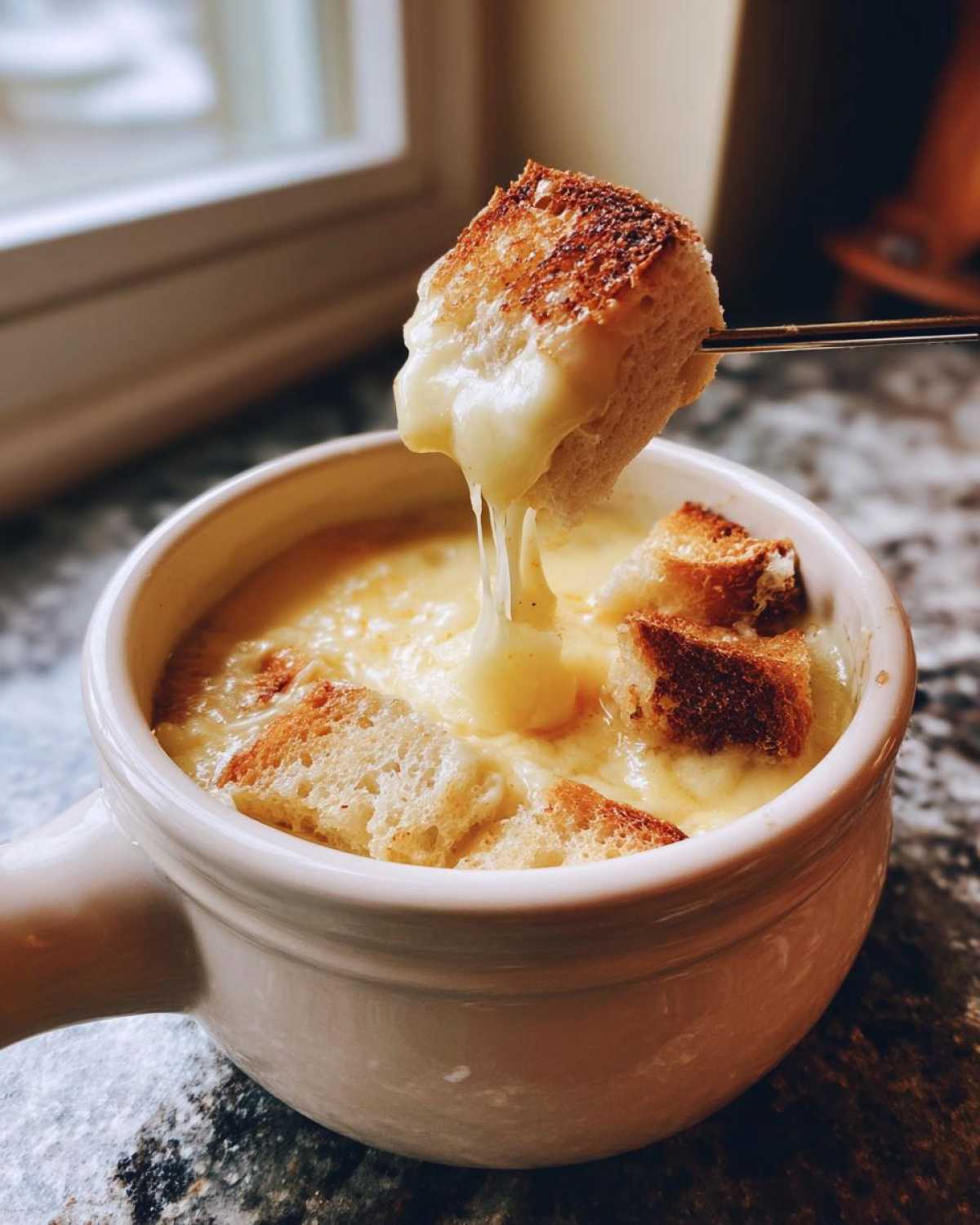 A piece of toasted bread being dipped into a bowl of gooey, melted cheese fondue, showing a long cheese pull.