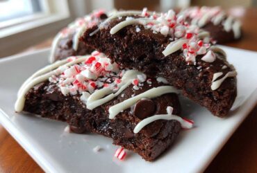 A close-up view of a double chocolate peppermint cookie broken in half, drizzled with white chocolate and topped with crushed candy canes.